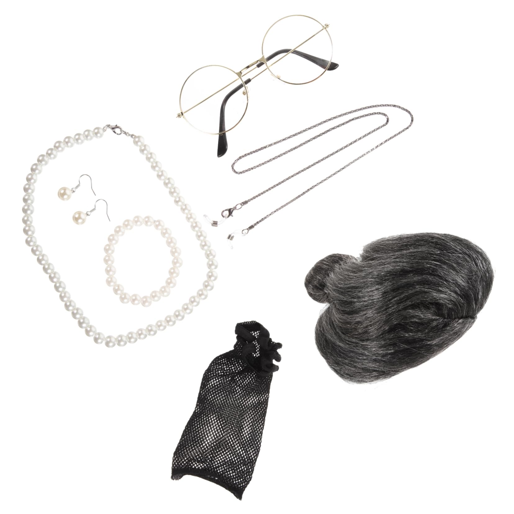 Healeved 5 Sätze Großmutter Perücke Kostüm Accessoires für Halloween und Karneval Teiliges Cosplay Set mit Brille und Perlenkette für Partys und Bühnenaufführungen