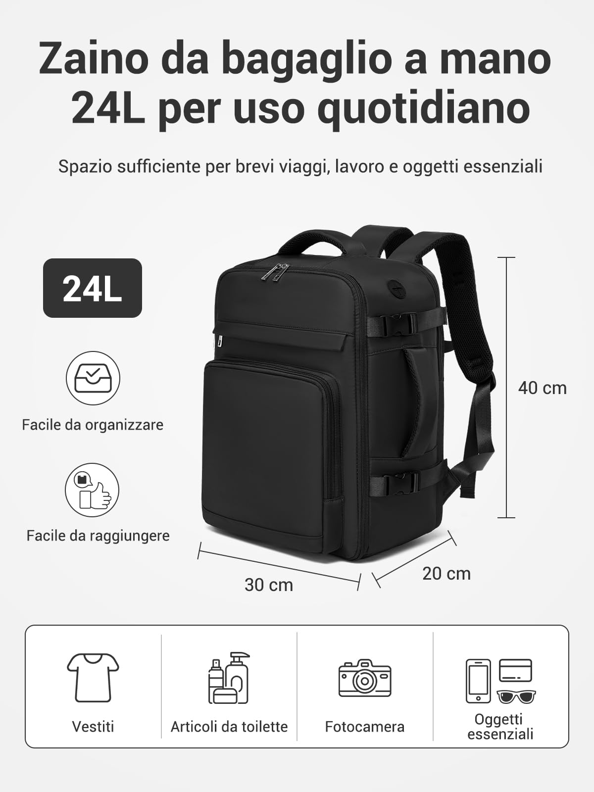 KONO Zaino 40x30x20 Ryanair 24L, Bagaglio a Mano Porta PC 15,6", Nero | Apertura 180°, Tasca Umida, Foro Passacavo, Schienale Traspirante e Tessuto Idrorepellente, Ideale per Viaggi Brevi e Lavoro