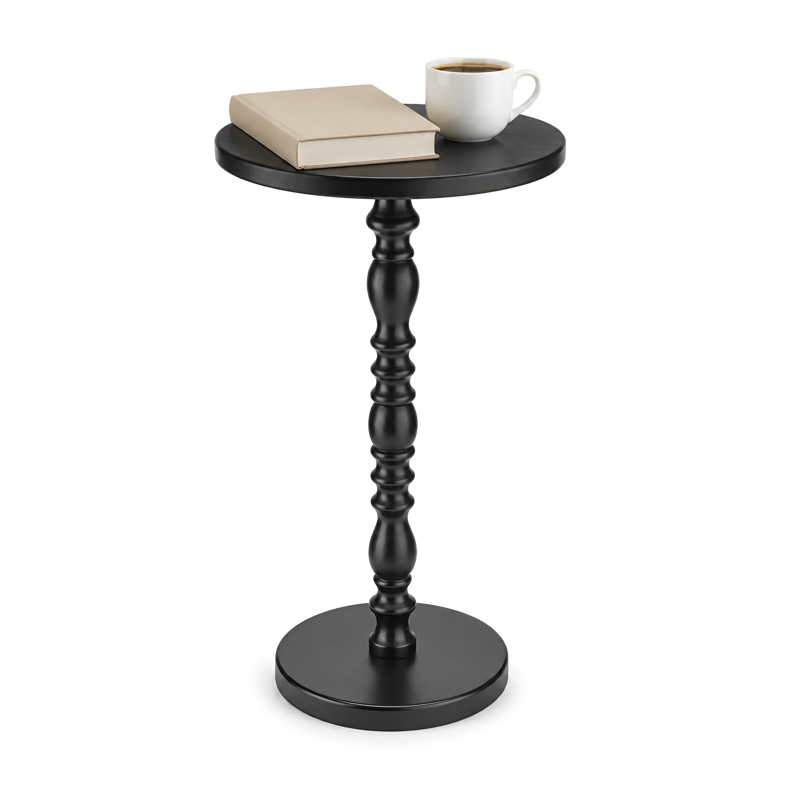 Junistra Round Drink Table, Small Pine Wood Sculpted Pedestal Side Table for Sofa, Living Room, Bedroom and Small Spaces, Black
