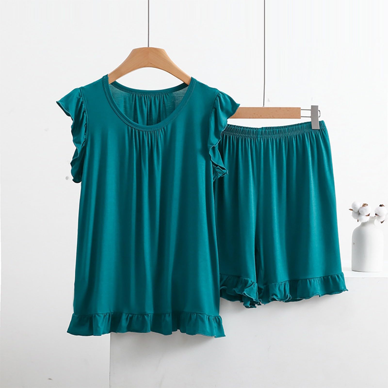 Genérico Conjunto de Pijama de algodón para Mujer, Top Cuello Redondo con Mangas de Volantes y Shorts con Cintura elástica (Verde X)