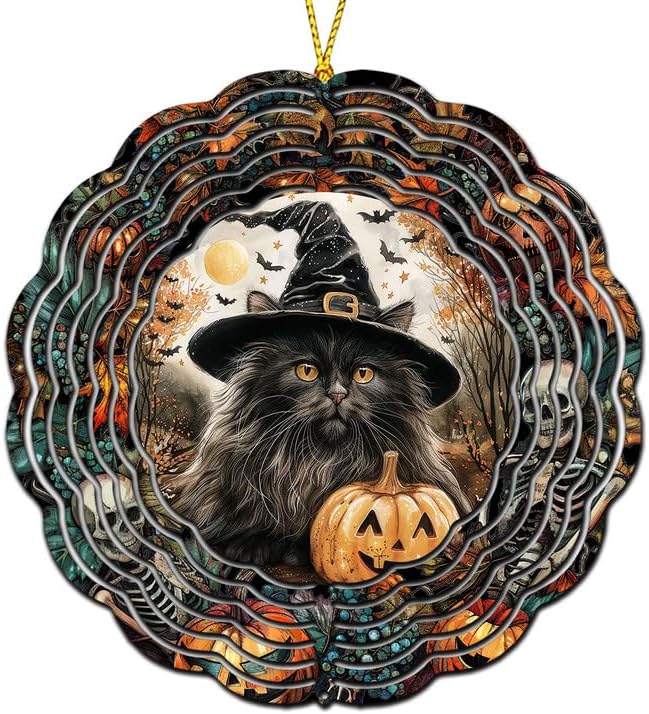 Halloween British Semi Longhair cat is Wearing Witch hat Wind Spinners, Garden Decoration, 8 inches Stainless Steel Wind Sculpture