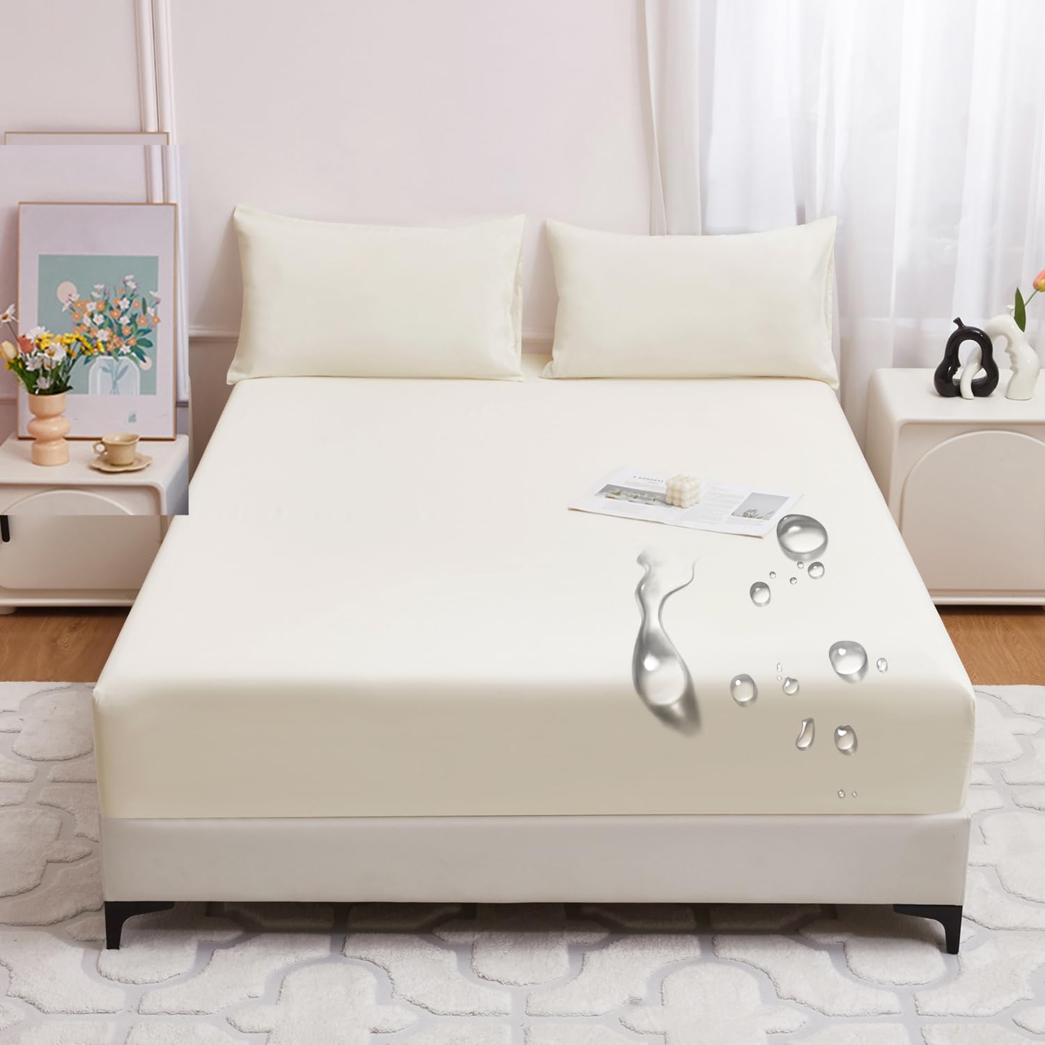 LDLCYCN ,beige,180 * 200cm, 100% Waterproof Mattress Protector Cover Queen King Bed Cover Fitted Sheet
