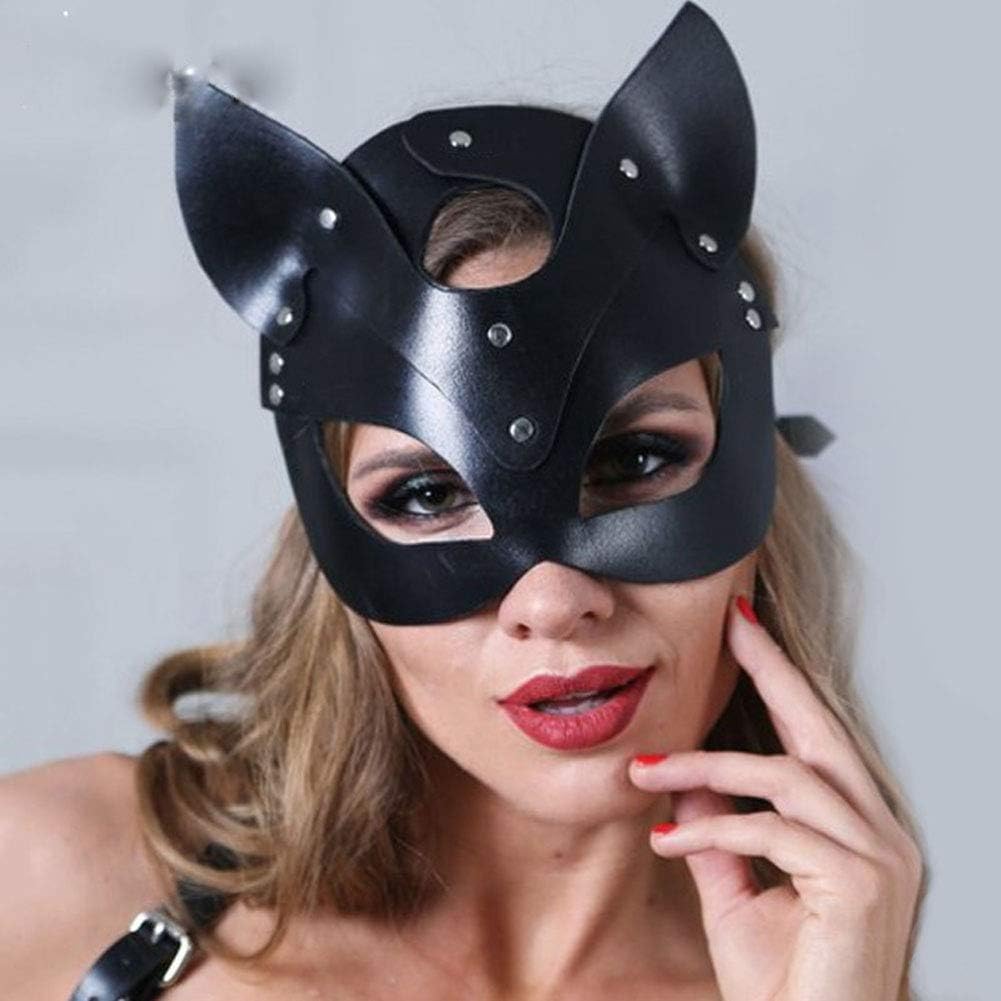Leather Cat Woman Mask Masquerade Adjustable Cat Ears with Rivets for Cosplay Costume(MZ01)