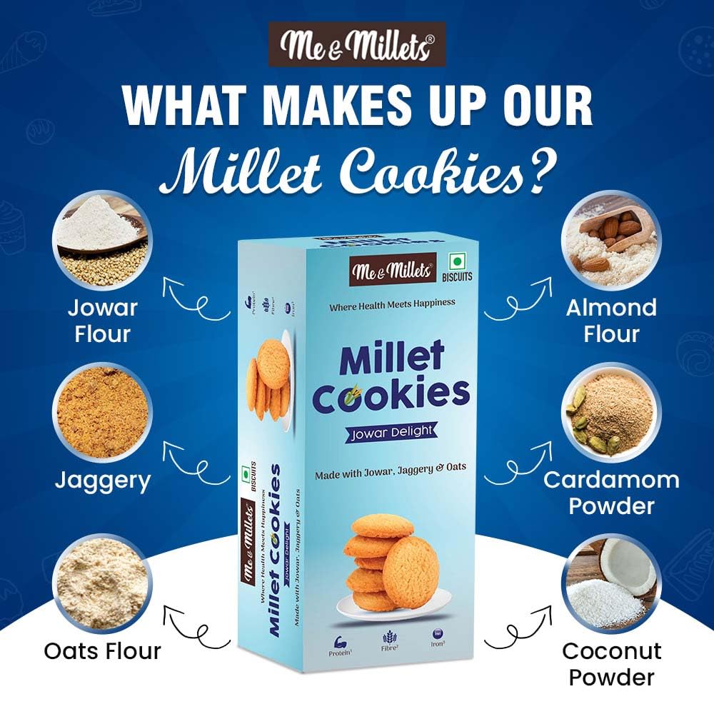 ME & MILLETS Cookies Jowar Delight (75g X 3) - Delicious Millets Biscuits, Rich In Fiber & Protein, Healthy Tea Snack (Jain Friendly) 1