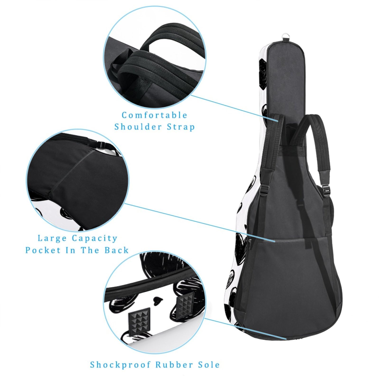 43 Zoll Akustikgitarre Softcase mit Rucksackgurt und 2 Taschen Black Lines Love, Keine Polsterung Rucksack Wasserdicht Oxford Tuch Bassgitarre Gigbag für Konzertgitarre, mehrfarbig,