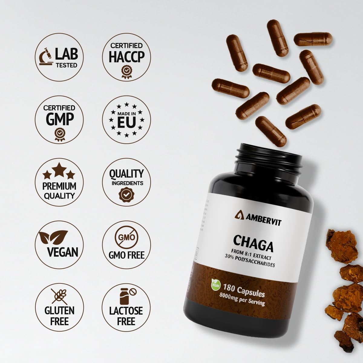 Chaga 8000 mg – 180 Gélules – 30% Polysaccharides Bioactifs – Double Extrait du Corps Fructifère Fortement Dosé – Récolté à l’État Sauvage sur Bouleaux d’Europe du Nord – Ambervit