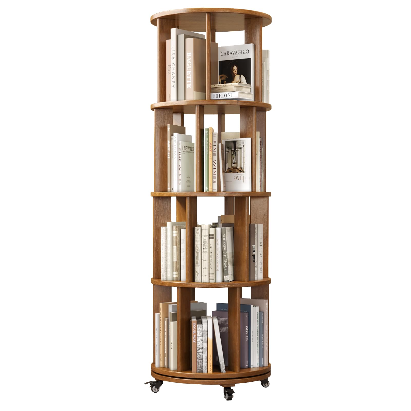 Estantería giratoria de 4 niveles con ruedas giratorias, torre de almacenamiento giratoria para niños y adultos, de madera maciza de nogal estrecho, organizador giratorio para dormitorio, sala de