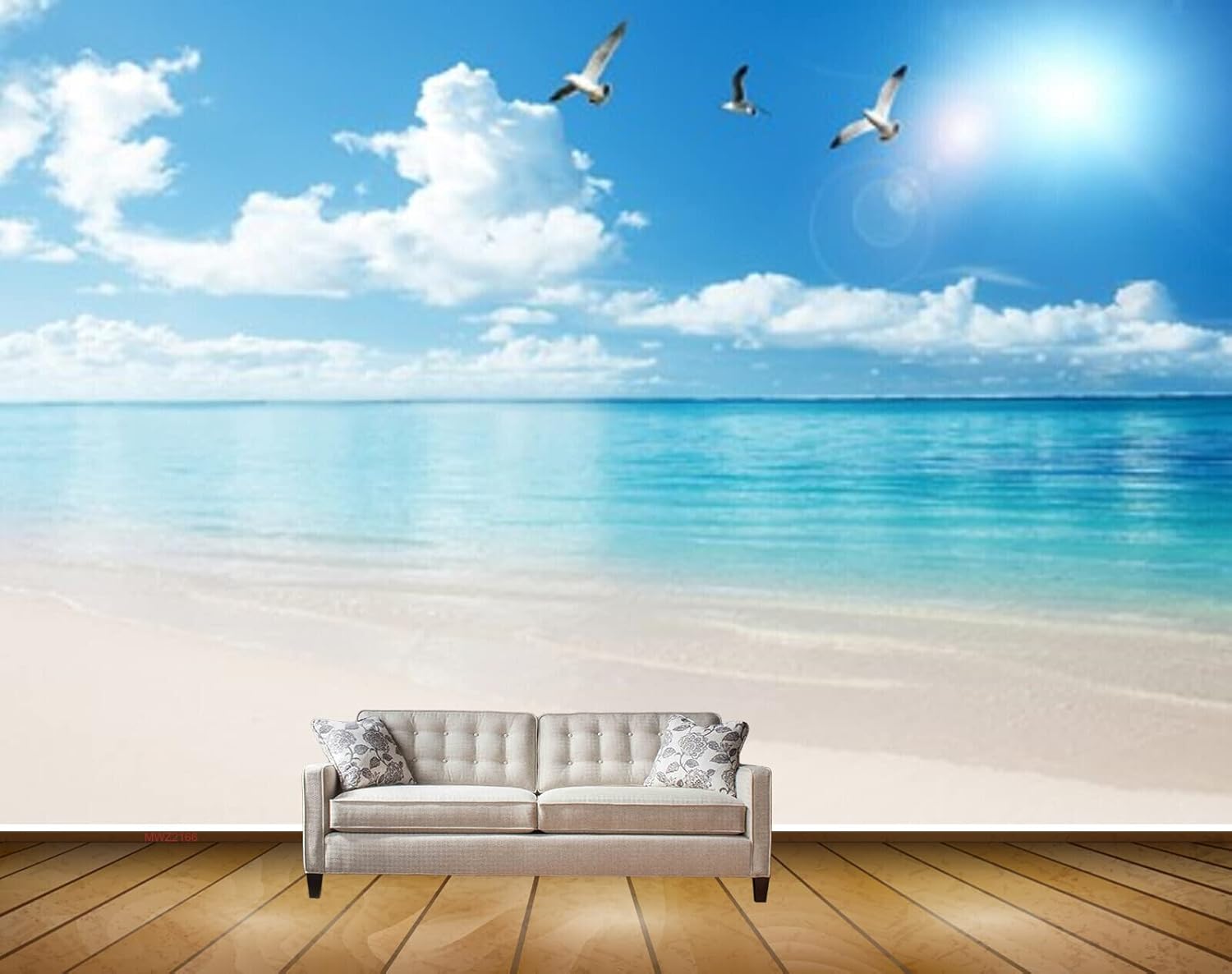 MWZ2166 Sea Beach Sand Clouds Birds Sun Nature Water Ocean HD 3D Wallpaper for Bedroom, Hall[5 ft x 4 ft] / [152 cm x 122 cm]