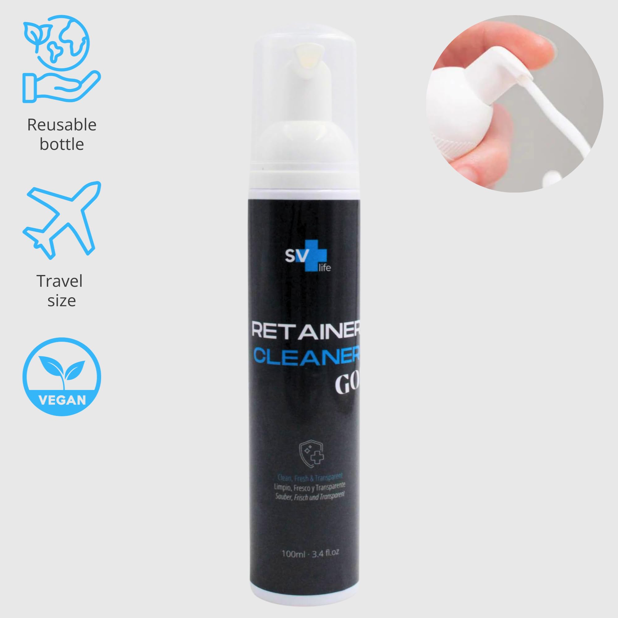 Pianka Czyszcząca do Przezroczystej Ortodoncji Retainer Cleaner | Aligners, Szyny, Retainery | Formuła 2w1 z Aktywnym Tlenem, Świeża Mięta (100 ml)