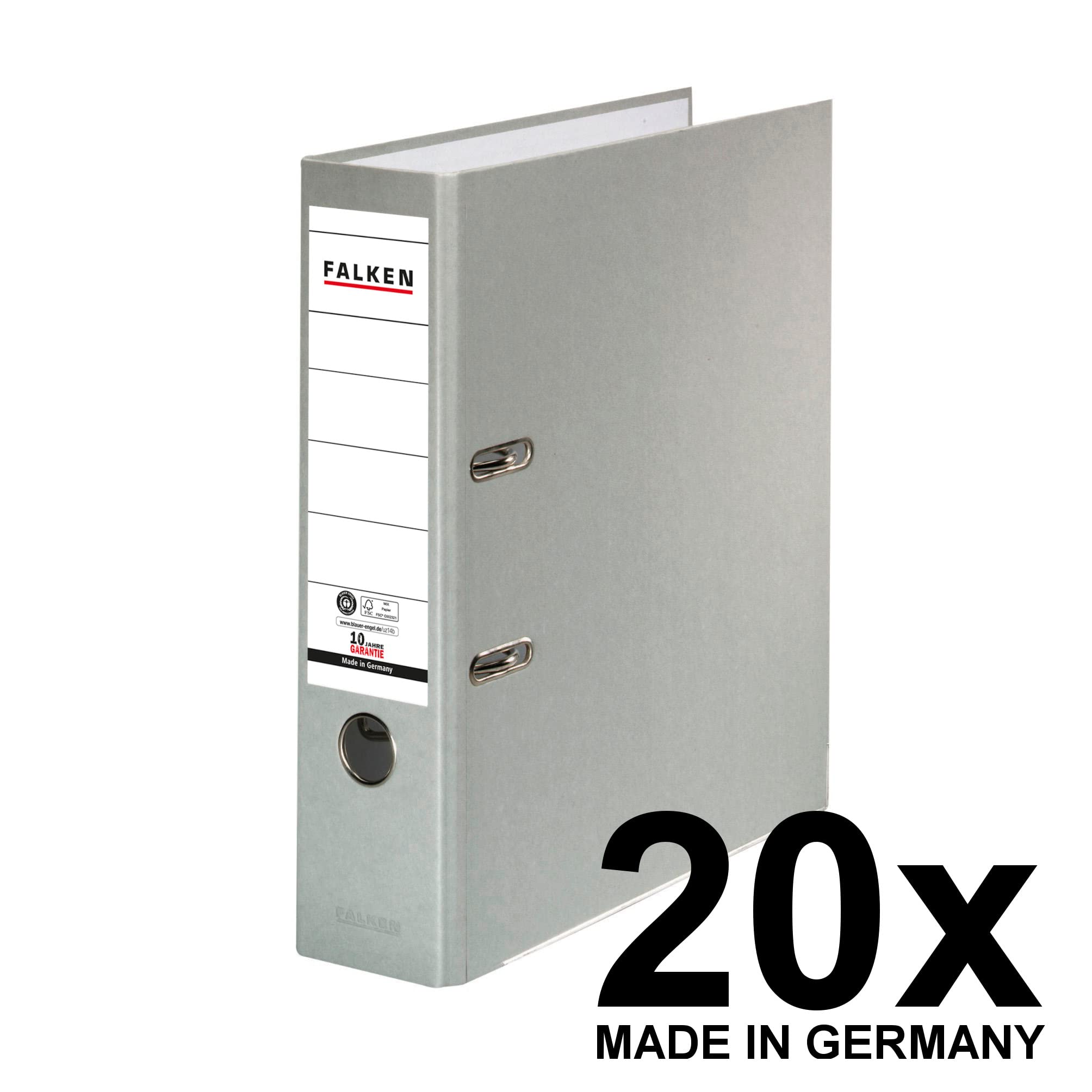 Falken - Confezione da 20 raccoglitori ecologici Recycolor, realizzati in Germania, rivestimento di carta colorato esterno 8 cm di larghezza, DIN A4, grigio