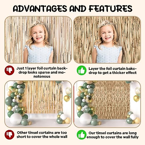 Image of Voircoloria 2 Pack Champagne Foil Fringe Backdrop Curtains, Tinsel Streamers Birthday Party Decorations, Fringe Backdrop for Graduation, Baby Shower, Gender Reveal, Disco Party