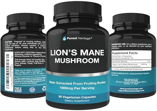 Lions Mane Supplement - Potent 1800mg Grown in USA, 90 Caps