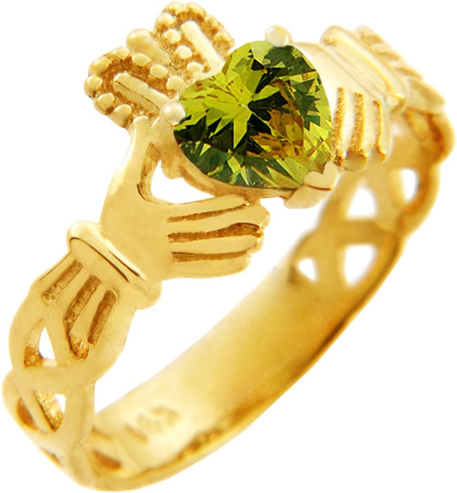 10k Yellow Gold Celtic Knot Band Claddagh Ring with August Birthstone CZ Heart