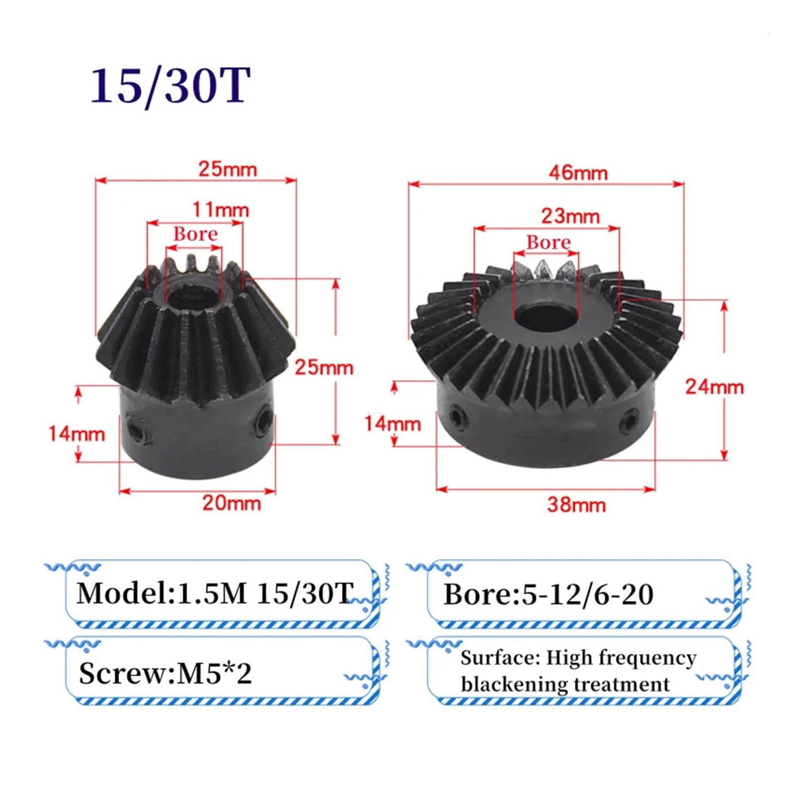 Bevel Gear Pinion Hardware Mechanical 1pcs 8mm Single 1.5 Module Bevel Gear 1:2 15/30 20/40 Teeth with Keyway 45# Steel Bore Mechanical Transmission Gear(15 Teeth)