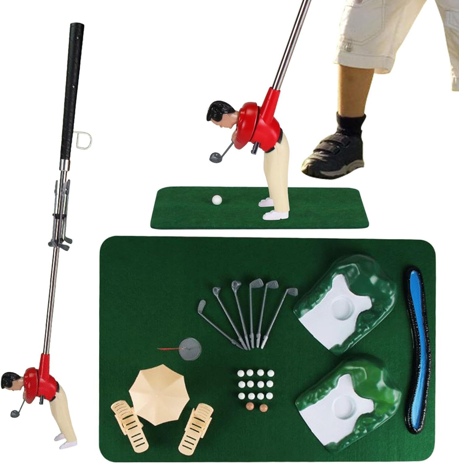 Mini Golf Game Set, Funny Tiny Golfer Game Set, Putting Mat Indoor Golf Putting Mat, Mini Golfing Man Training Game, Educational Family Game for Home & Desk Play (Red)