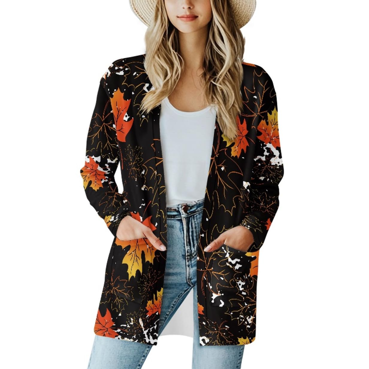 Fall Maple Leaf Cardigan Sweaters for Women Long Sleeve Cardigan Soft Drape Open Front Dusters V-Neck Jackets Dressy