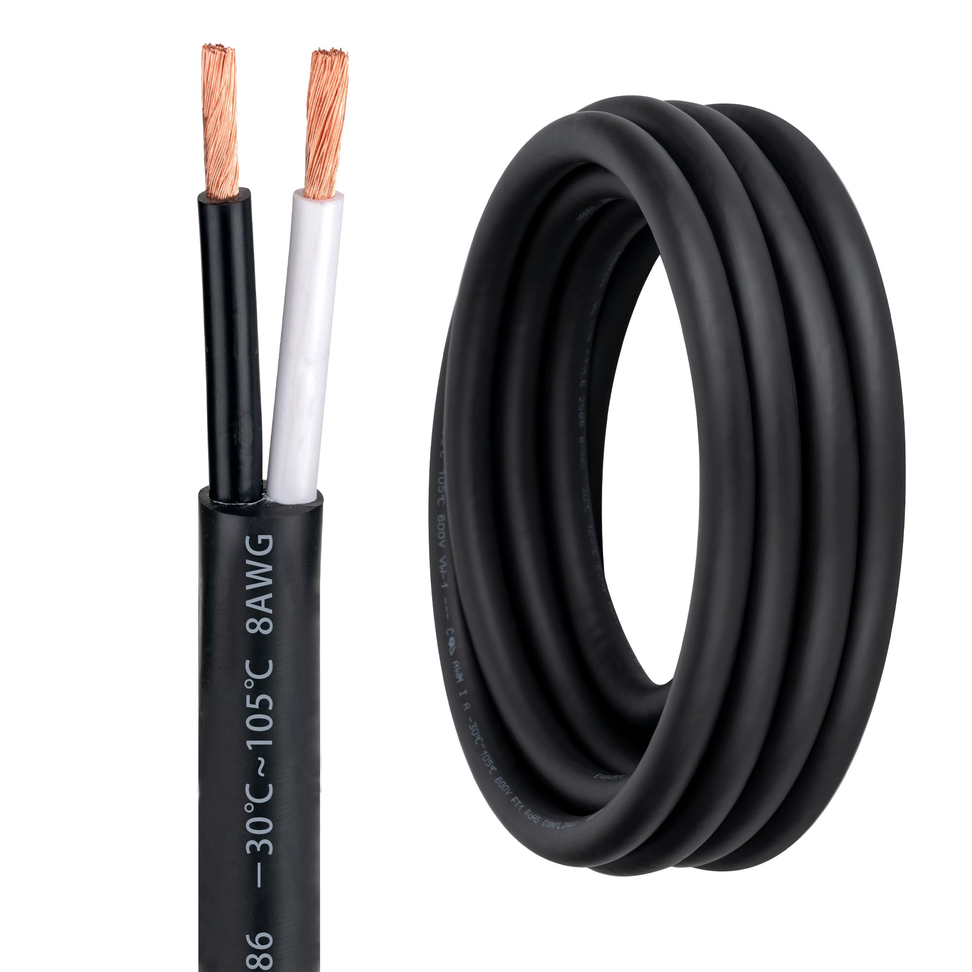 8 Gauge 2 Conductor Electrical Wire 8/2 Wire 26FT 600V 8 AWG 2 Conductor Wire for Motor Leads, Portable Lights, Battery Chargers, Machinery, Large