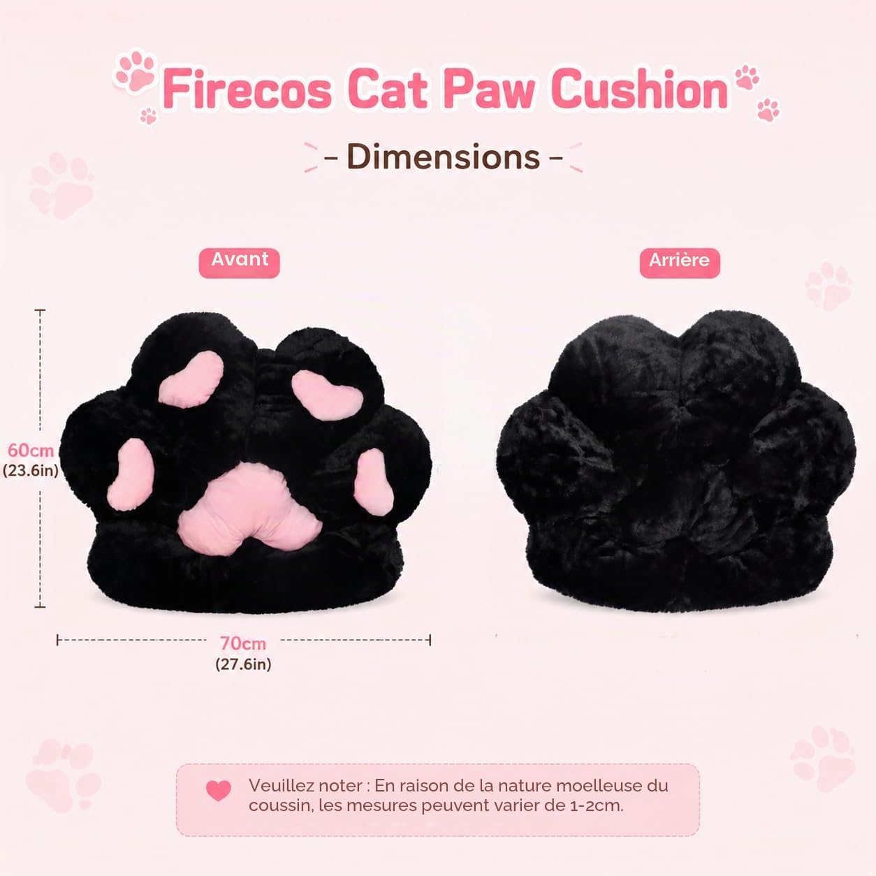 Coussin de Chaise de Patte de Chat, Coussin en Peluche en Forme de Patte Mignonne, Coussin Doux et Chaud pour Fauteuil de Bureau de Chambre à Coucher 70X60cm (Noir)
