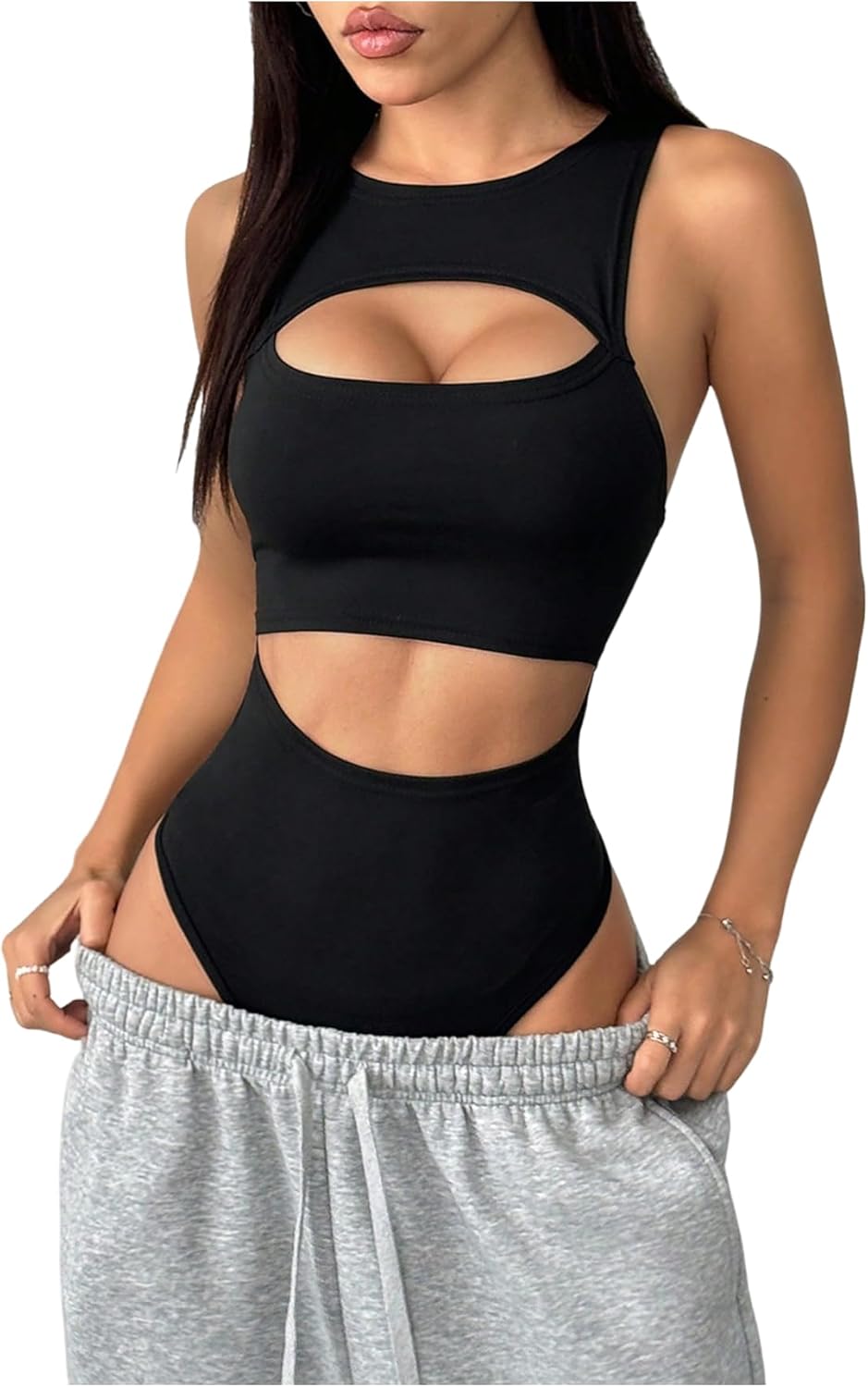 Milumia Women Sexy Cut Out Tank Top Bodysuit Round Neck Sleeveless Party Club Leotards