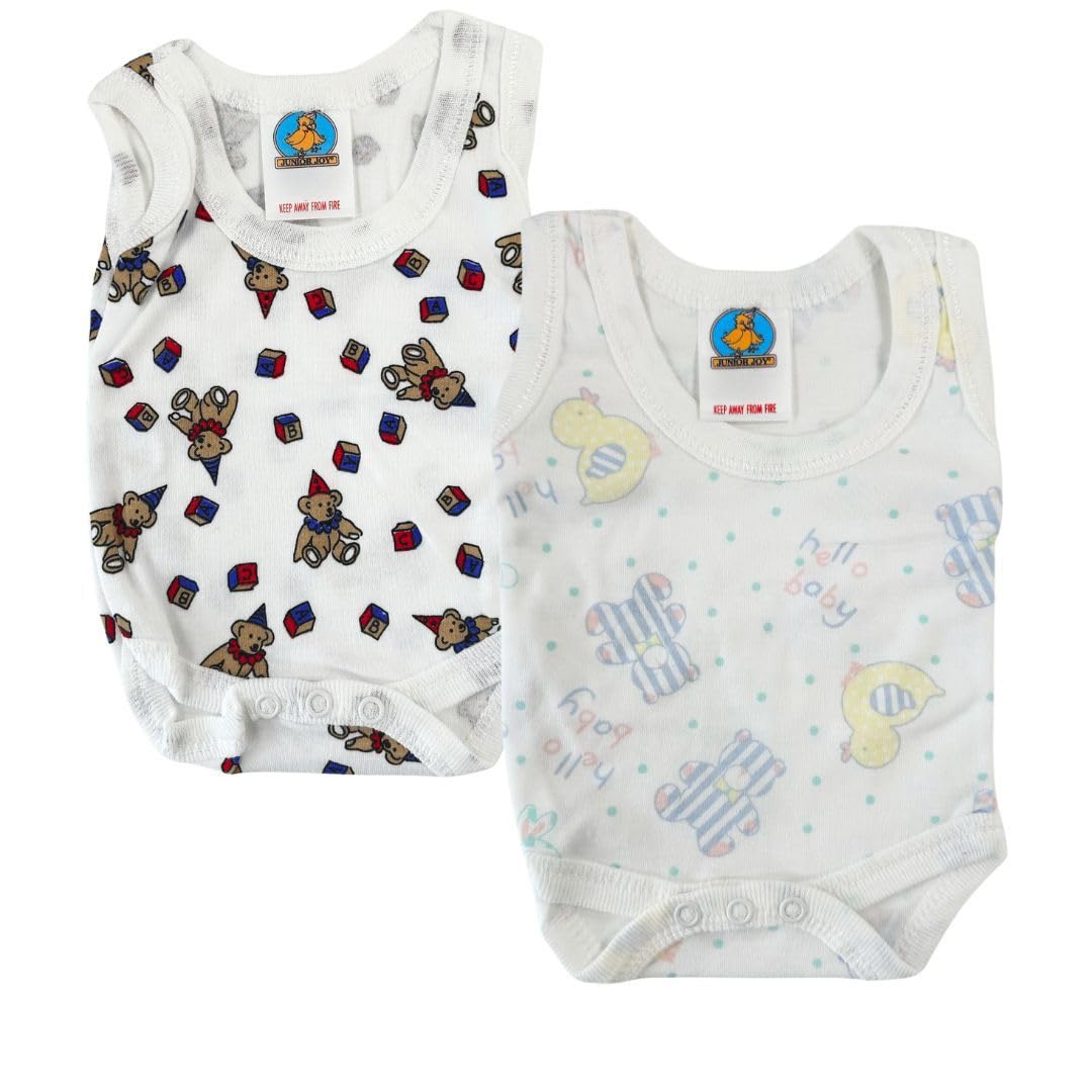 Junior Joy – 2 Pack Newborn White Printed Bodysuits, Round Neck, Sleeveless, 100% Cotton, Popper Fastening for Easy Nappy Changes