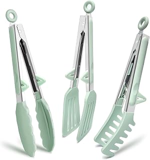 TOWINGO 9 Inch Silicone Kitchen Tongs Set of 3 - Food Grade Mini Serving Tongs with Kickstand, Locking Mechanism, Heat Resistant to 600°F, Green
