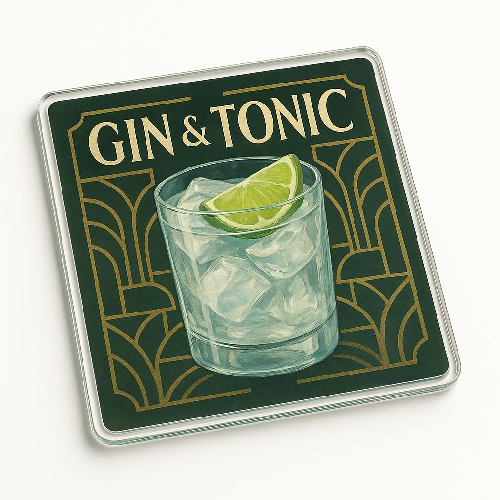 The Plum Penguin Deco Zest Classic Cocktail Acrylic Coaster Gift - Elegant Art Deco Style Gin & Tonic Design For Classy Cocktail Lovers And Home Bar Decor
