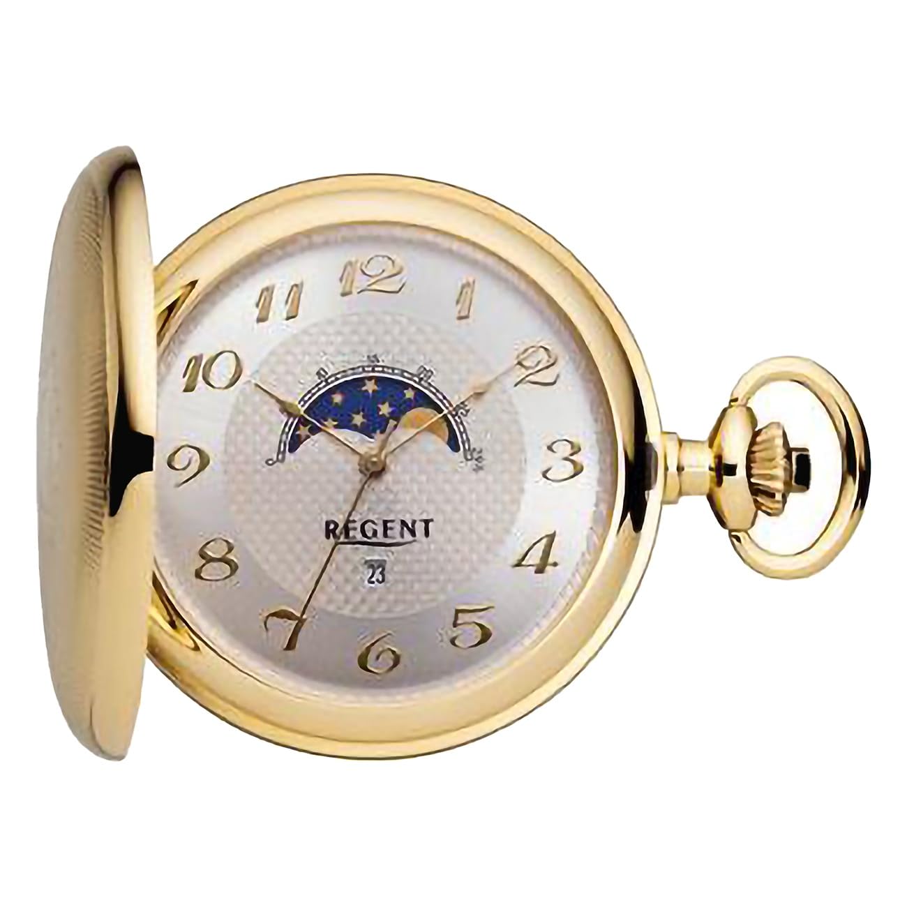 REGENT Herren Taschenuhr Savonnette Klappdeckel 50 MM Quarz Arabische Zahlen Datum Mondphase
