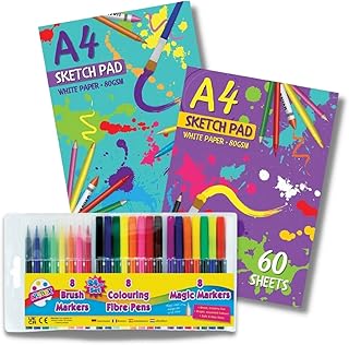 2 Packs A4 Sketch Pad 60 Sheets 80gsm Thick White Paper with 24 Colouring Pens for Kids - 8X Brush Pens, 8X Fibre Tip pens, 8X Magic Pens for Kids | Safe, Non-Toxic | Drawing Set for Kids