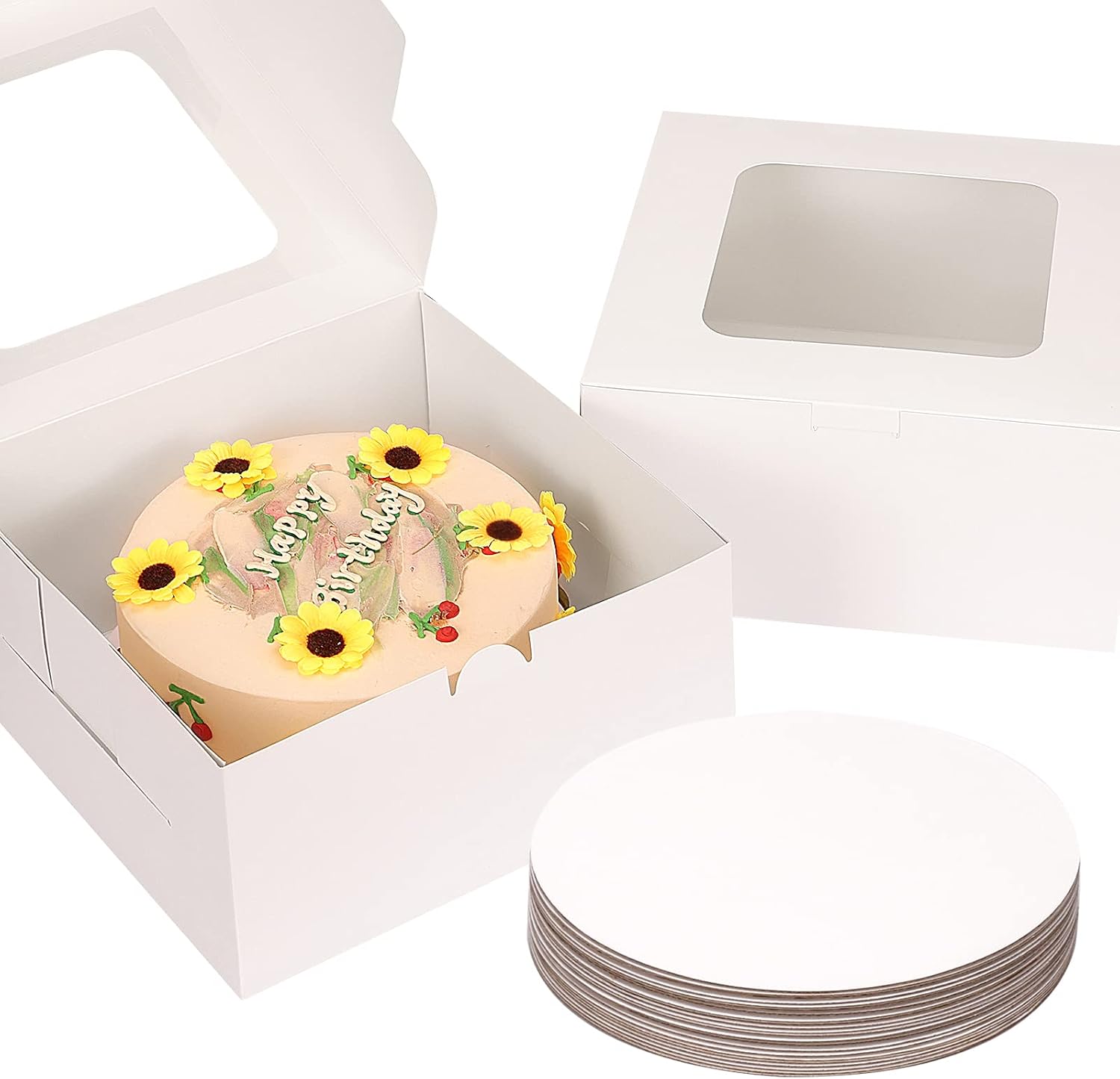 Moretoes 10 Inch Cake Boxes Set (48pcs, 24pcs 10x10x5 Boxes & 24pcs Boards), White Paperboard Disposable Bakery Box with Window for Pastries, Cupcakes, Pie