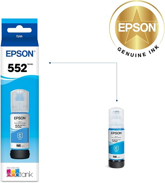 Epson 552 EcoTank Ink Ultra-high Capacity Bottle Cyan (T552220-S) Works with ET-8500, 8550