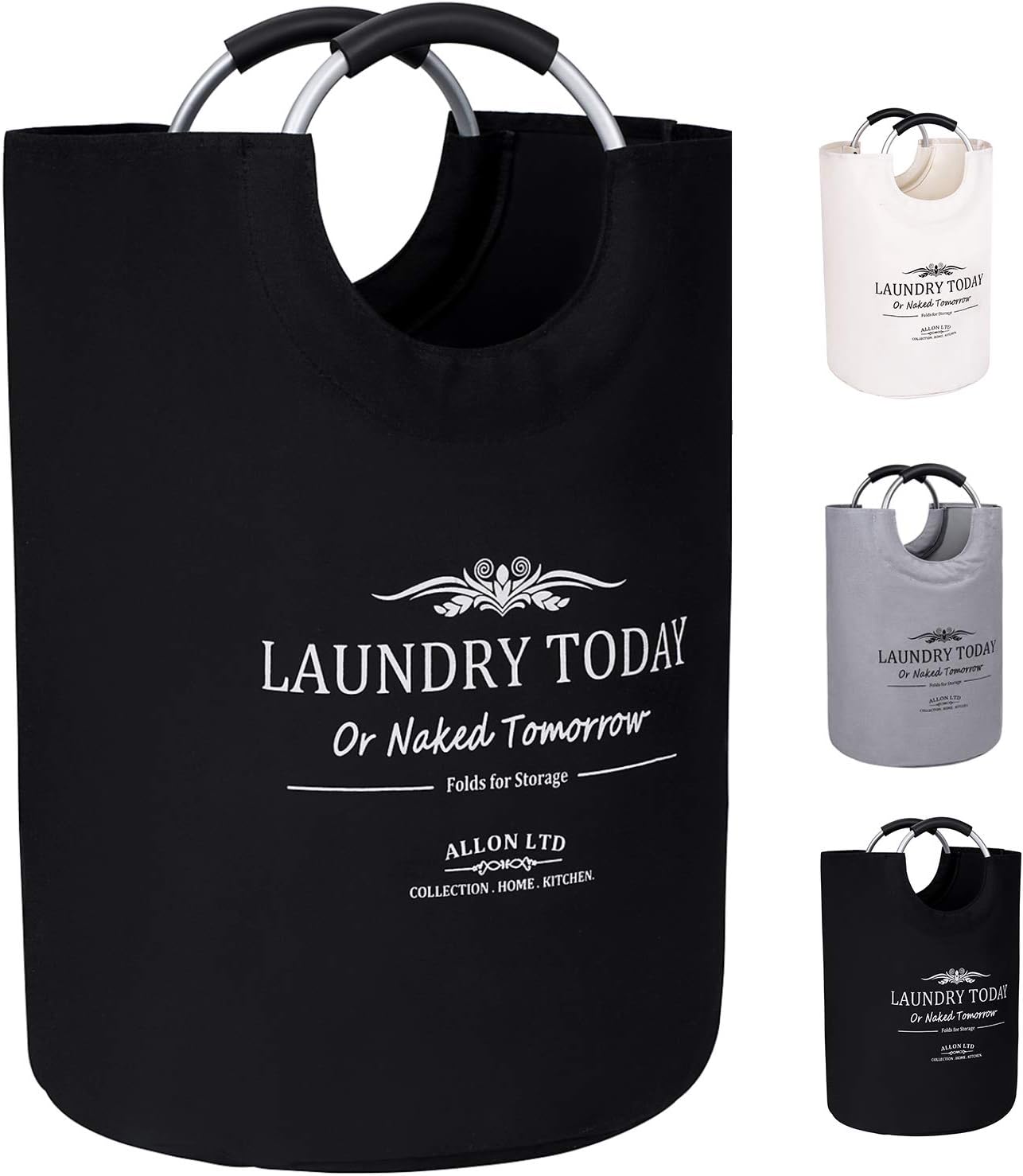 ALLON Collapsible Laundry Basket, 100% Cotton Canvas Large Laundry Hamper, Folding Laundry Bag, Foldable Washing Storage Clothes Bin with Aluminum Soft Handles (Black)