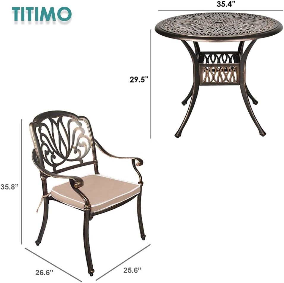 TITIMO 5 Piece All-Weather Cast Aluminum Outdoor Patio Deck Dining Set w/Round Table and 4 Chairs, Khaki Cushions, Umbrella Hole - Deep Bronze