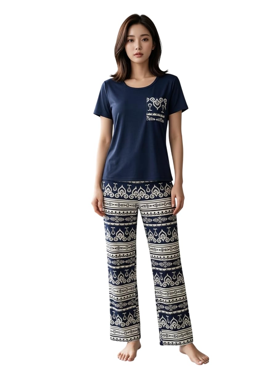 Women’s 2-Piece Pajama Set – Short Sleeve Top & Pants Lounge Set, Soft Breathable Sleepwear Night Suit for Women-picture-34