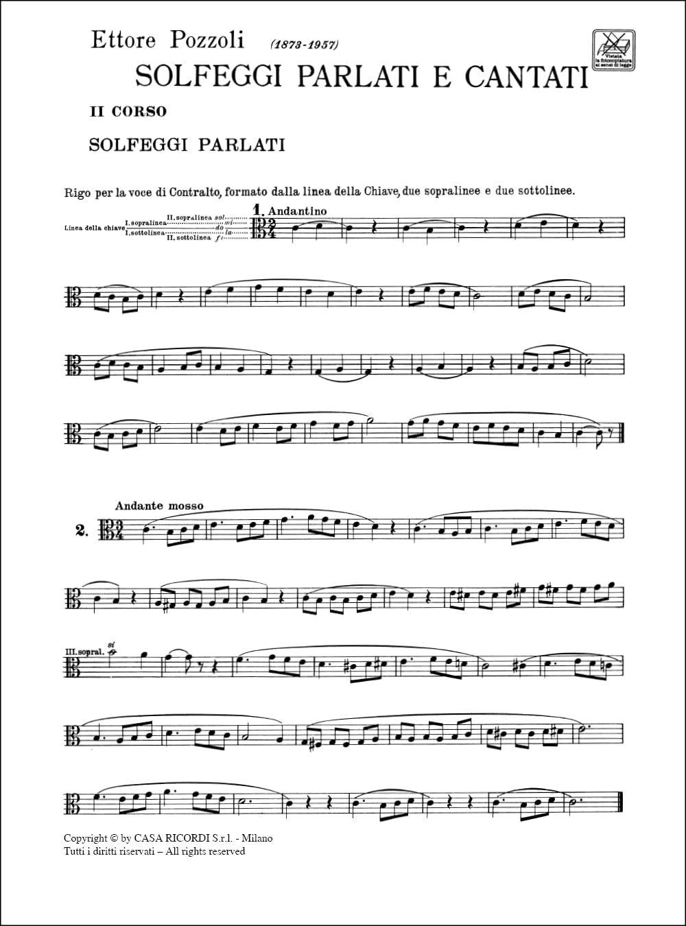 Ettore Pozzoli Solfeggi Parlati e Cantati Vol. 2 Metodo di Teoria Musicale e Intonazione Corso di Solfeggio