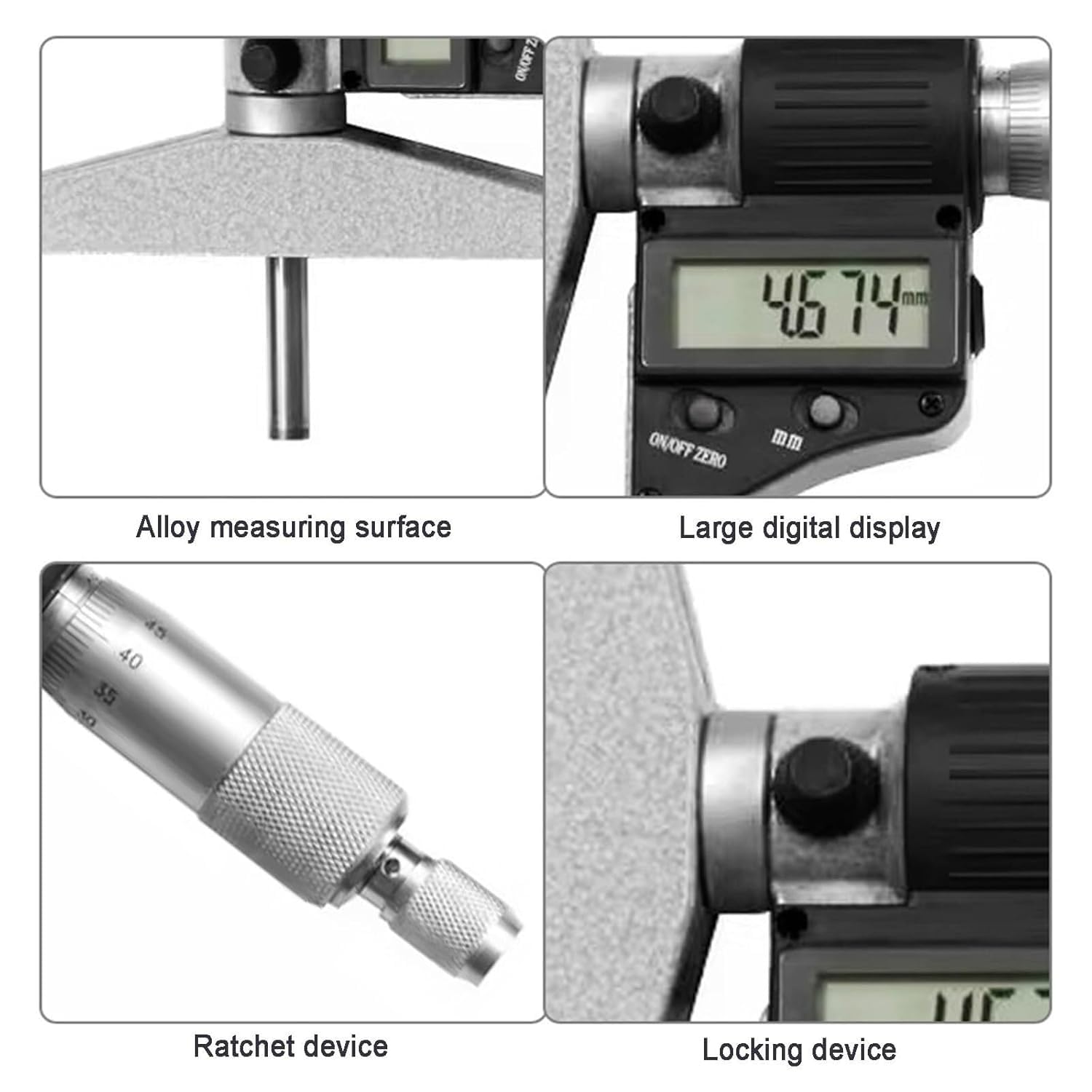 Micromètre numérique de profondeur 0-25 mm Jauge de profondeur électronique Résolution 0,001 mm Écran LCD Dispositif de verrouillage à cliquet Outil de mesure en acier inoxydable pour trou de rainure
