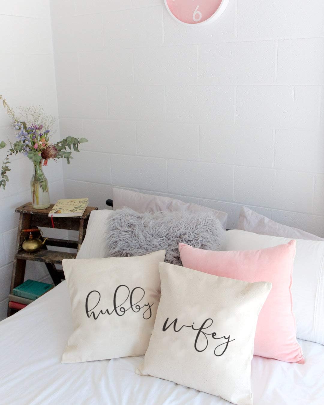 The Cotton & Canvas Co. Hubby, Wifey Home Decor Pillow Cover, Pillowcase, Cushion Cover, Decorative Throw Pillow Cover, 2-Pack (Natural Color, Not White)