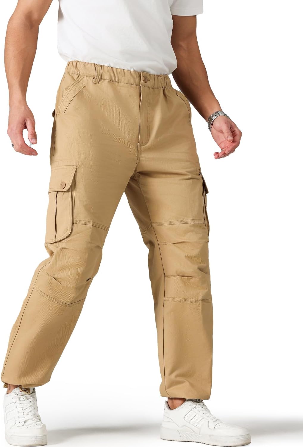 Cargo Pants for Men?Elastic Waist, 6 Pockets & Adjustable Cuffs?Cotton Fabric for Work, Casual & Daily Wear X-Small Khaki