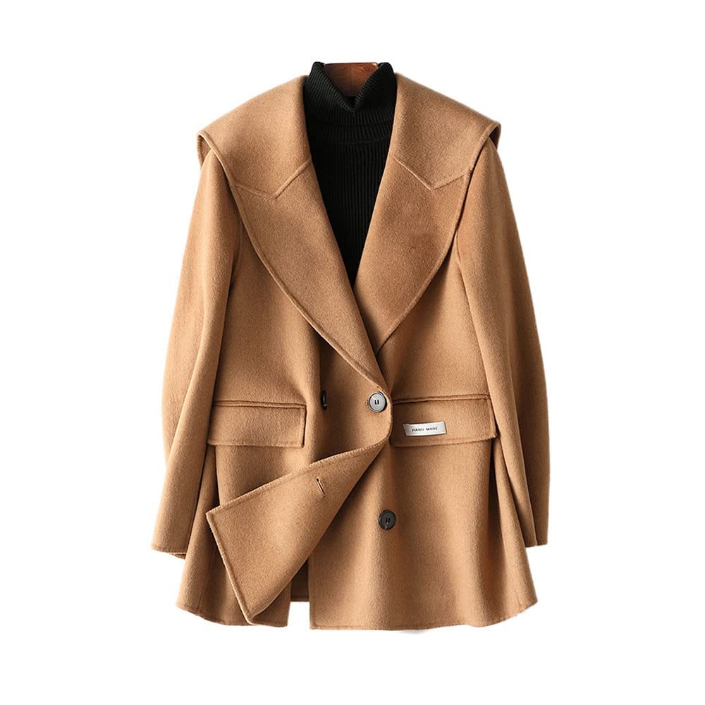 LiudanWomen's Wool Coat Autumn New Double-Faced Woolen Overcoat Women Female Medium Length Wool Big Lapel Jacket Loose Outerwear Peacoat (Color : Camel, Size : S Coat Bust 106cm)