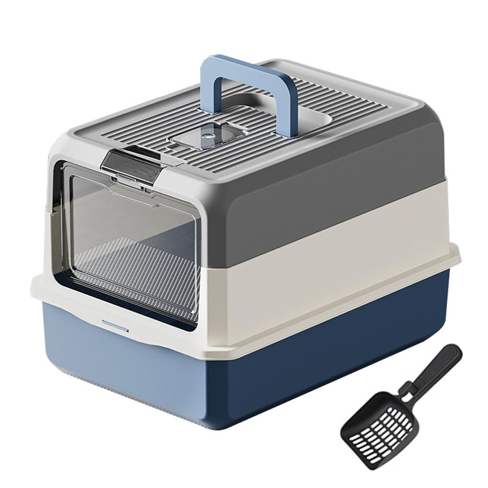 BPS Caja de Arena Cerrada para Gatos con Tapa, Arenero Antiodor de Gran Capacidad 50×35×32 cm, Entrada Frontal Transparente, Fácil de Limpiar con Pala Incluida (Gris + Azul) BPS-8823GR