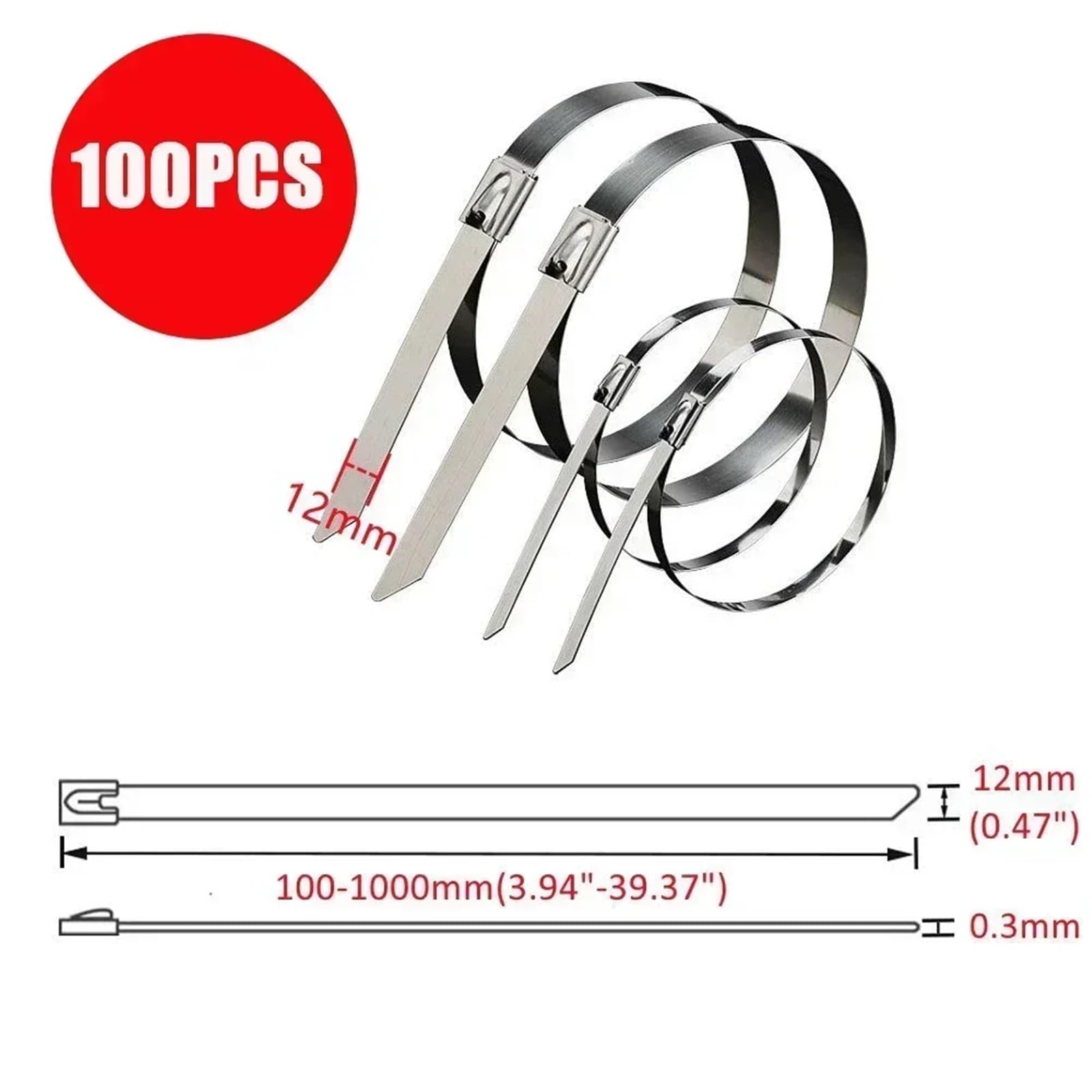 Fascette metalliche, 100 pezzi da 4,6/7,9/10/12 mm, fascette in acciaio inossidabile 304, fascette metalliche multiuso, adatte for fascette avvolgenti per fili, cavi(12mm(0.47inch),300mm(11.81inch))