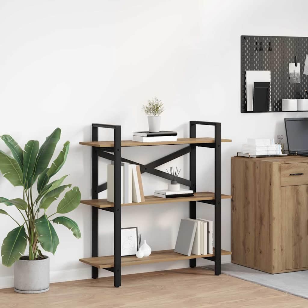 Libreria a 3 livelli, 100 x 33,5 x 102 cm, in legno, con robusto telaio in acciaio e piedini regolabili, per soggiorno, studio, biblioteca e altro ancora