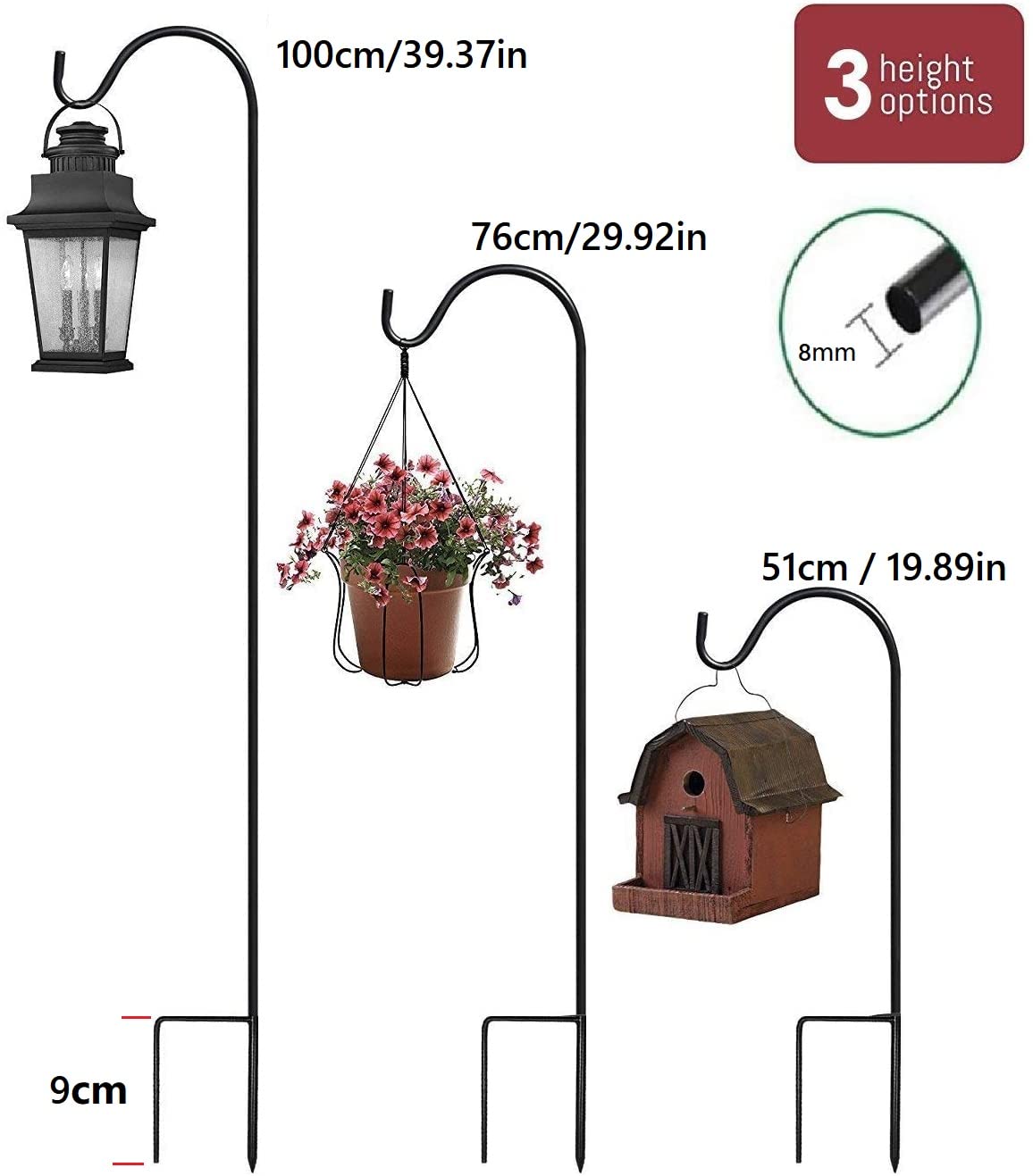 2 Pezzi Gancio da Pastore in Metallo 100 cm per Giardino, Esterno - per Uccelli, Luci Solari, Lanterne, Matrimoni, Cestini di Piante
