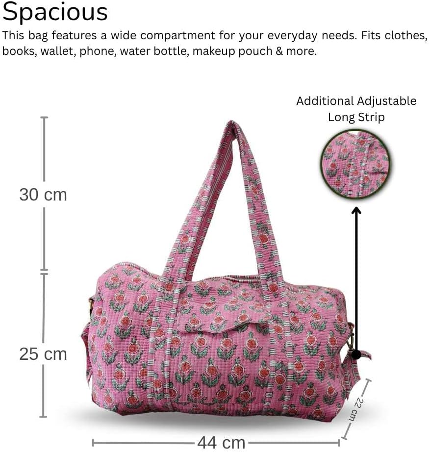 Quilted Floral Cotton Duffel Bag for Women, Handmade Lightweight Washable Large Travel Gym Bags with Pocket -Pink - Image 4