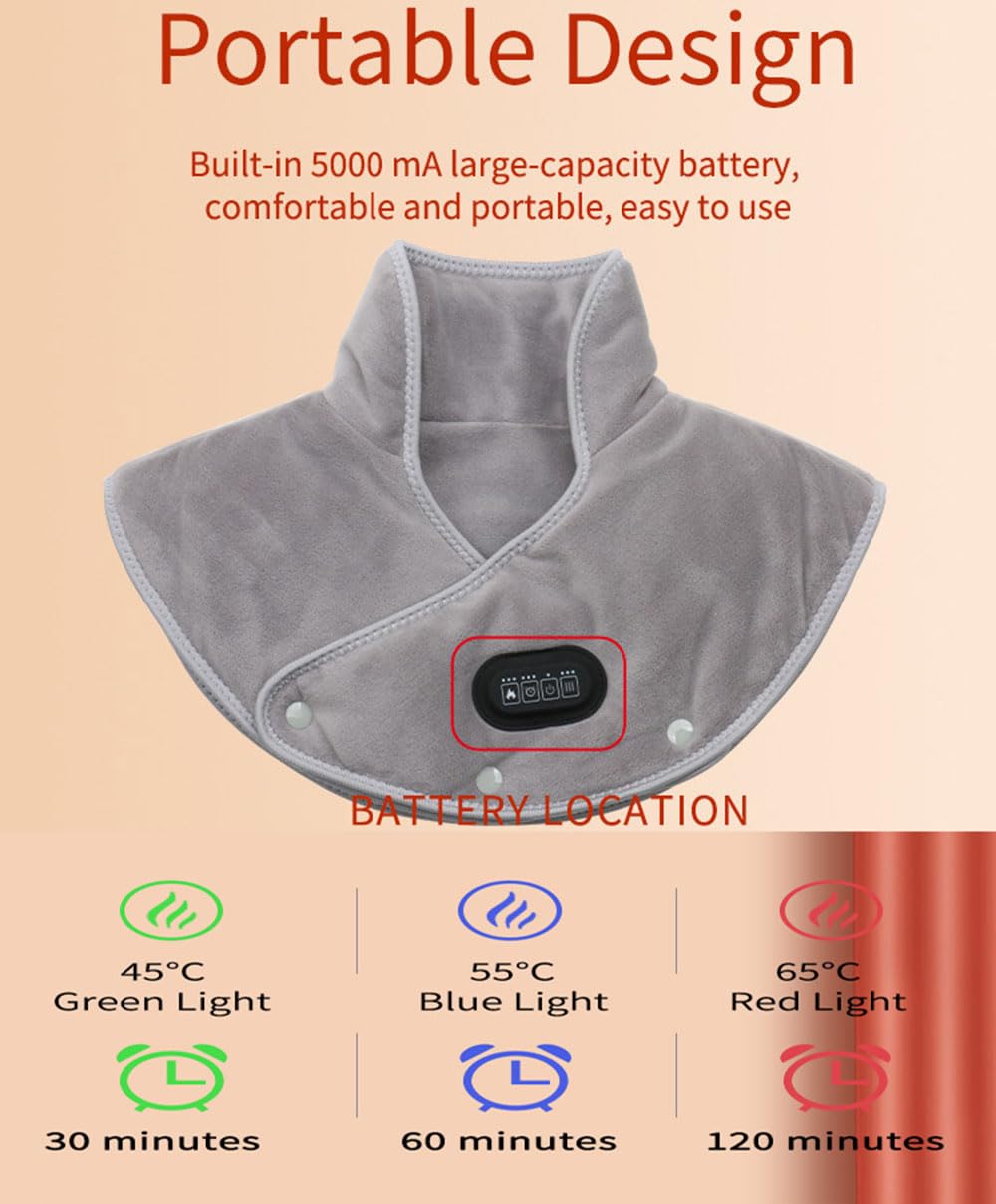 Almohadilla térmica para cuello y hombros con batería de 5000 mAh, 3 niveles de calefacción para hombro, cuello, espalda, alivio del dolor, almohadilla térmica para hombres, mujeres, personas mayores