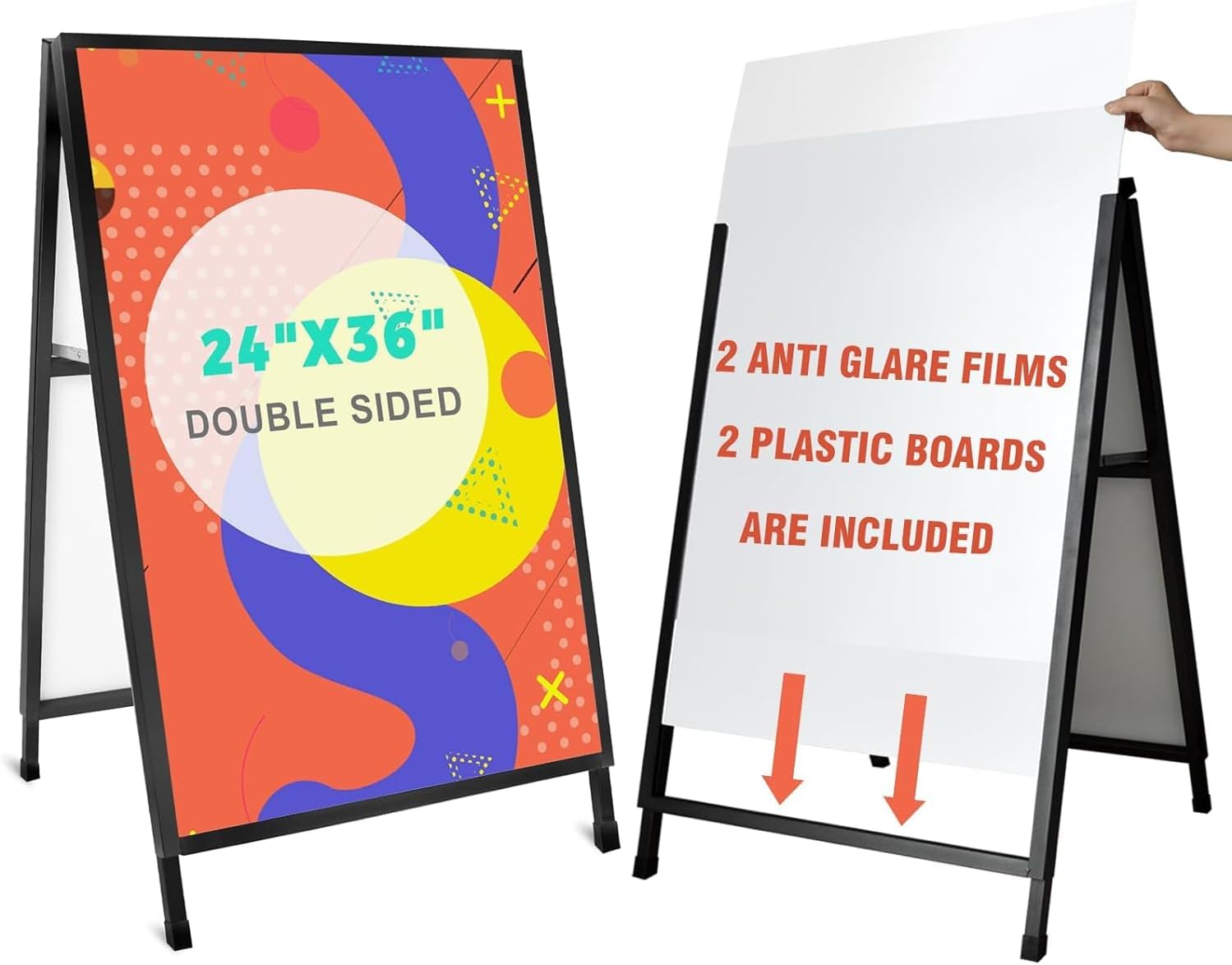 24x36 Inches Double Sided Heavy Duty Slide-in Folding A-Frame Sidewalk Curb Sign Stand Display Poster Boards Poster Holder Frame Chalkboard Sign, (Black-Metal)