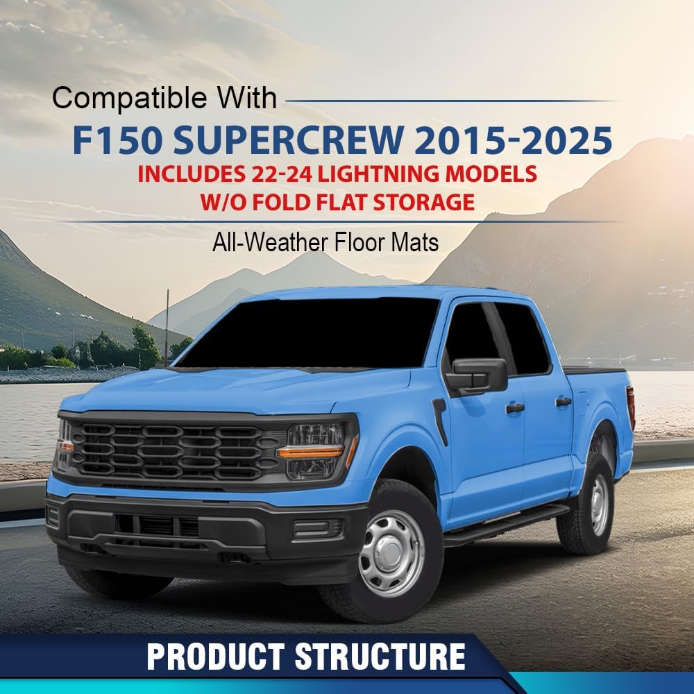 PIT66 Floor Mats Cargo Liners, Compatible with 2015-2025 Ford F150 Super Crew (Includes 2022-2024 Lightning Models) w/o Fold Flat Storage All Weather 1st & 2nd Row TPE alfombras para carro