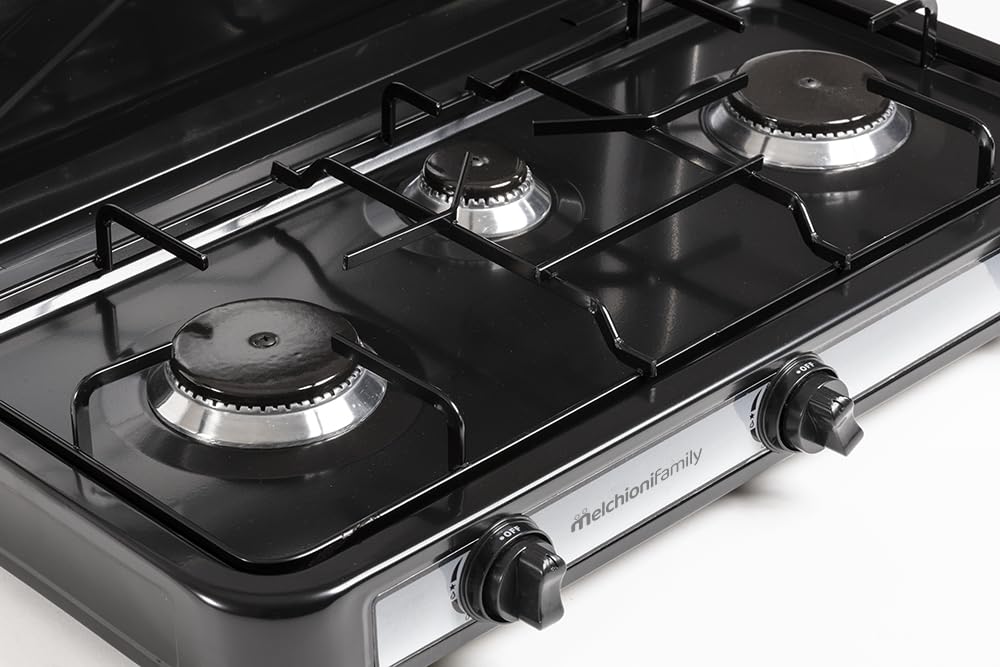 Fornello a Gas GPL Minerva 3 Fuochi Portatile da Campeggio Cucina da Esterno Acciaio Smaltato con Coperchio Regolazione Fiamma Griglie Removibili per Camper Picnic Giardino Nero 2.9KW