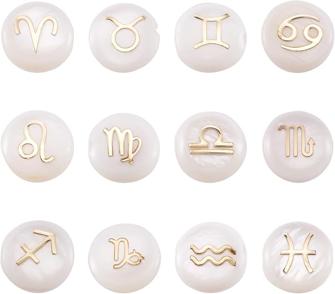 FASHEWELRY 24pcs Zodiac Sign Freshwater Shell Beads Flat Round Shell Beads with Golden Plated for Birthday Bracelet Necklace Earring DIY Jewelry Making
