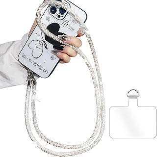 سلسلة مزينة بأحجار الراين اللامعة حبل للموبايل، حزام تعليق طويل مضادة للسقوط قصيرة من فلورال جريس (لون أبيض، مقاس 68 سم)