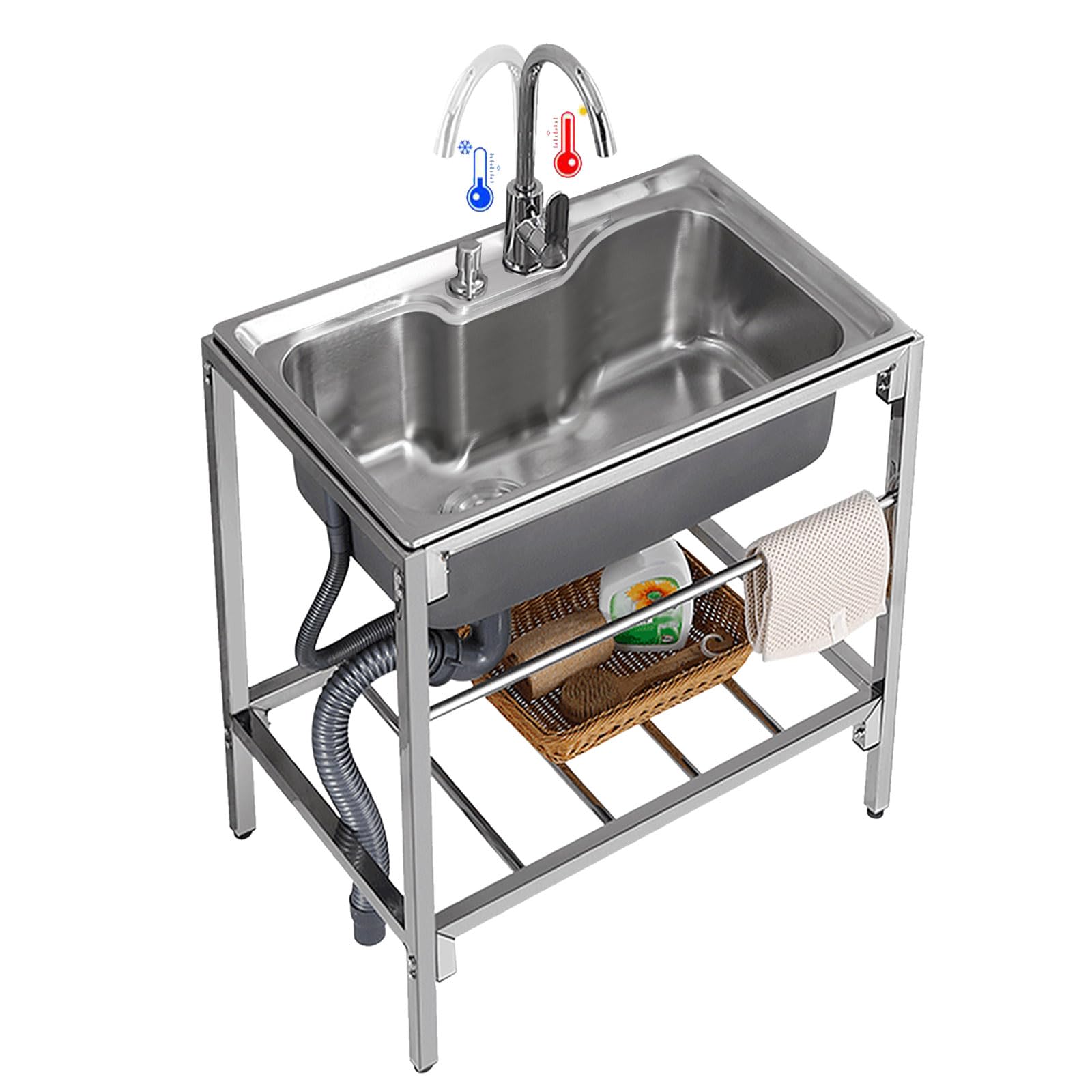 ZQFHSX Stainless Steel Freestanding Sink Utility Kitchen w/Storage Shelves with Drainer Unit and Hot Cold Tap for Outdoor Garage Commercial Restaurant Laundry Room